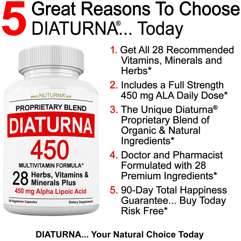 Diaturna Support Supplement - 28 Vitamins, Minerals & Herbs with 450mg ALA