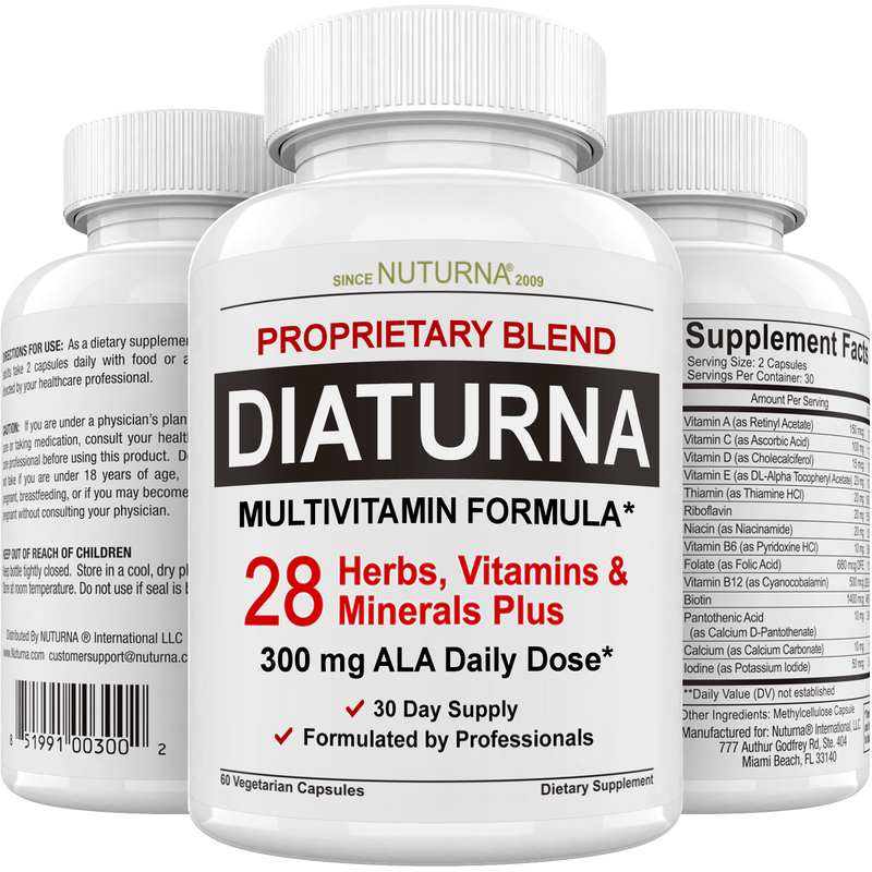 Diaturna Support Supplement - 28 Vitamins, Minerals & Herbs with 300mg ALA